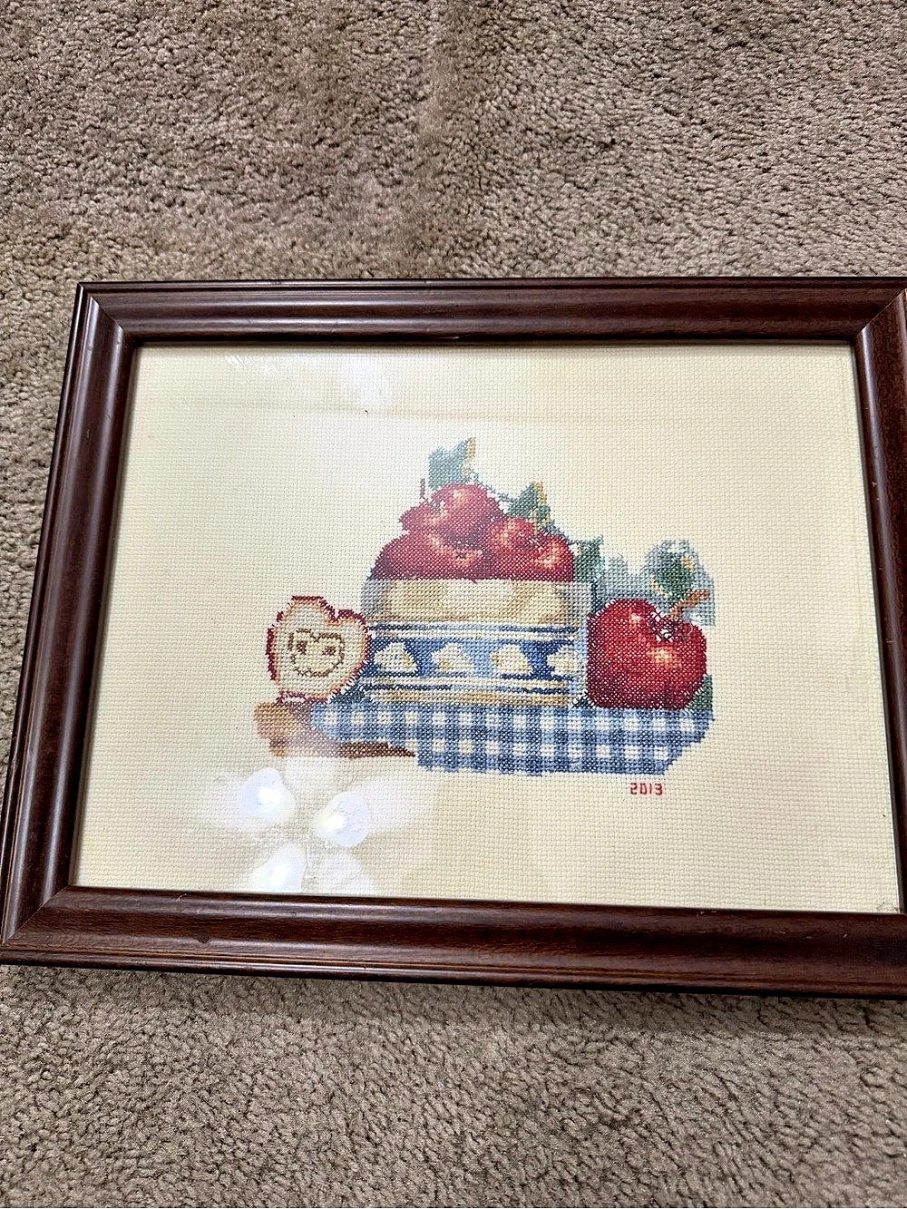 Framed Fruit Needlepoint Art in Brown & Blue
